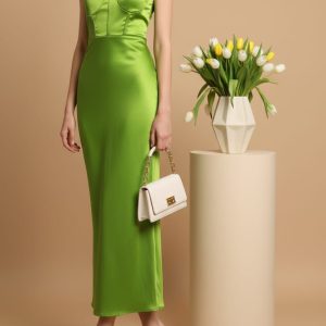 Vestido Largo Verde Lima Satinado para Mujer