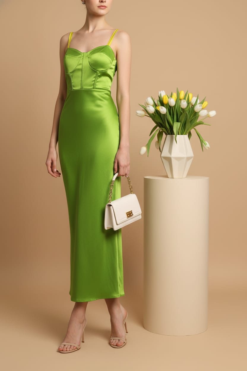 Vestido Largo Verde Lima Satinado para Mujer