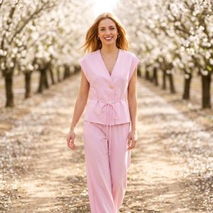 Conjunto Rosa Empolvado de Chaleco y Pantalón para Mujer